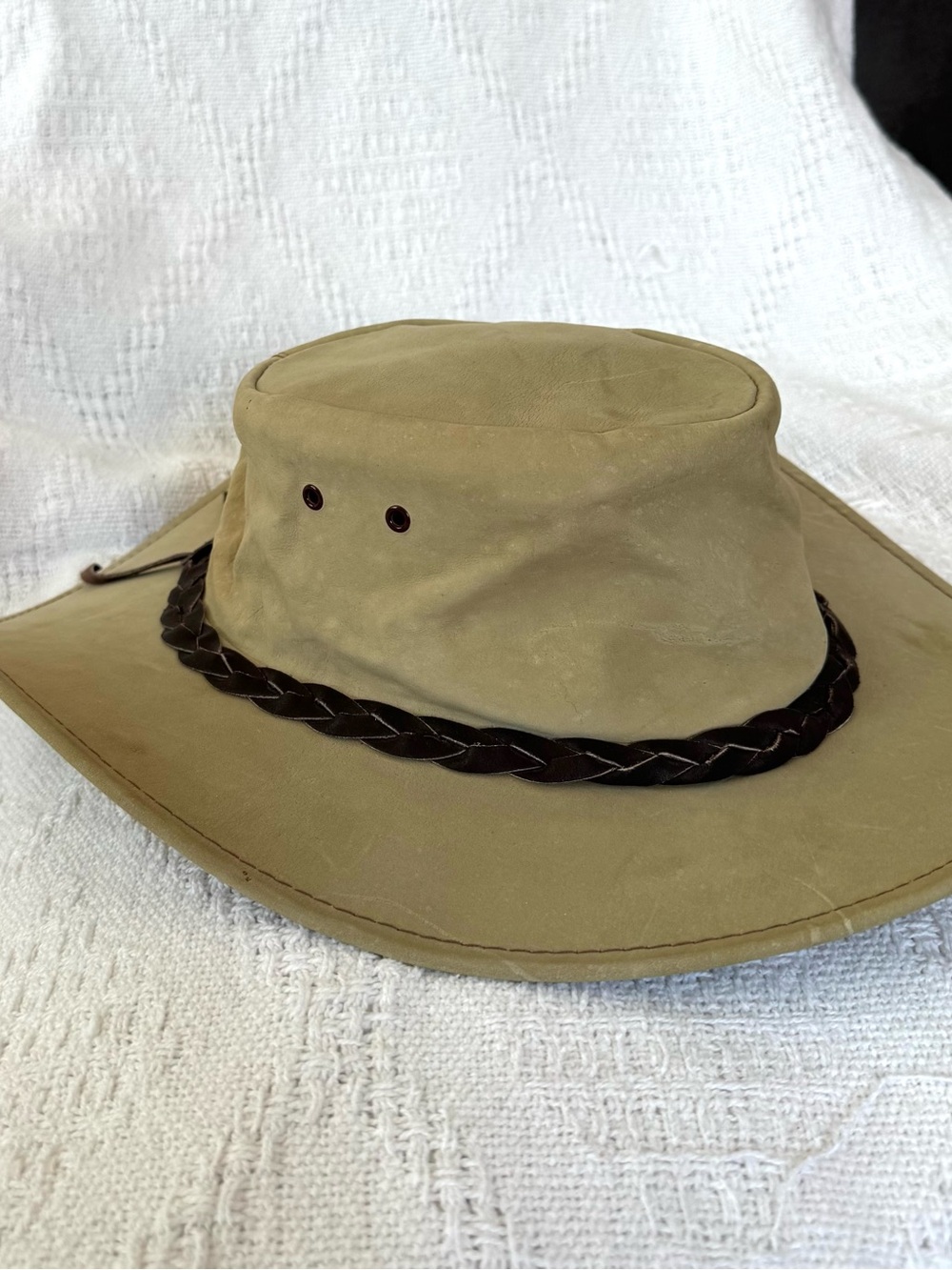 Jabari Leather Outback Hat with Braided Band - Khaki